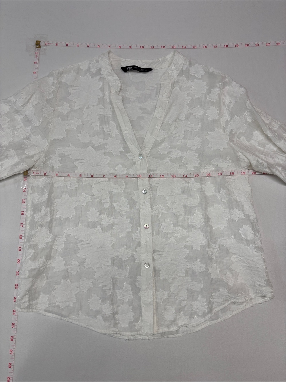 Zara White Sheer Floral Jacquard Button-Up Blouse 263 work travel trendy party - Picture 5 of 6